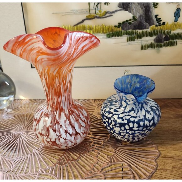 Blown Glass Orange Blue White Speckle Pitcher Vases Rainbow Glass - Picture 9 of 11